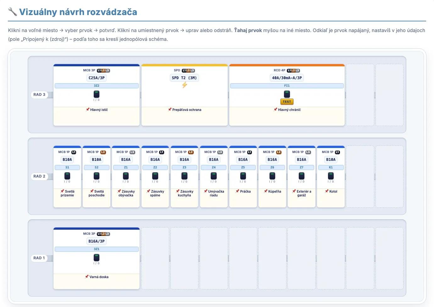 Editor E-Safe: rozvádzač RH1 s tromi radmi – hlavný istič, zvodič prepätia, chránič a desať ističov s popismi okruhov